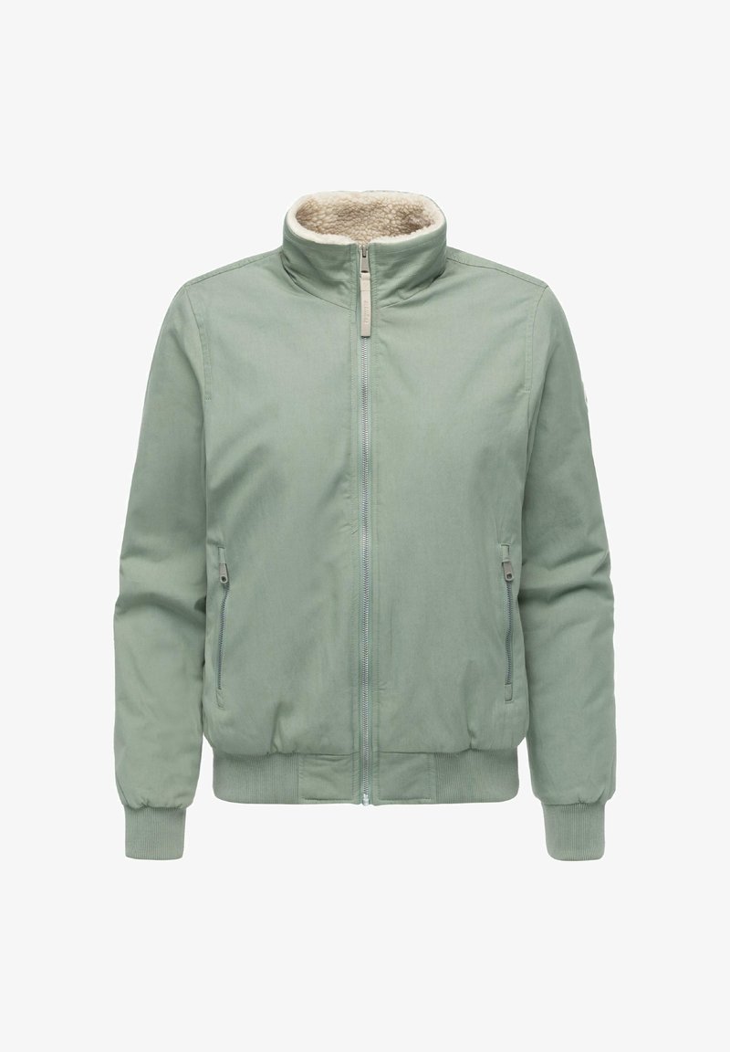 Jasnozielona bomberka z pluszowym beżowym kołnierzem, zapinana na zamek z przodu i z dwiema bocznymi kieszeniami. Posiada ribbowe mankiety i dół, zapewniające dopasowanie.