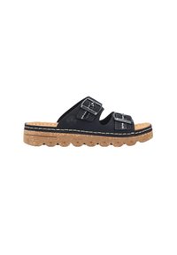 Czarne sandały na platformie z dwiema regulowanymi paskami, teksturowanym materiałem na górze oraz podeszwą przypominającą korek z falistym wykończeniem.