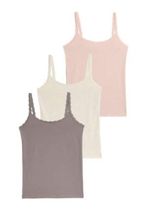 Three camisoles featuring adjustable spaghetti straps. Colors include light pink, cream, and grey, with scalloped lace accents.
