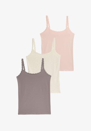 Drei Träger-Tops mit verstellbaren Spaghetti-Trägern. Die Farben umfassen Hellrosa, Creme und Grau, mit gewellten Spitzenakzenten.