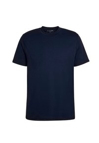 Marineblauwe T-shirt met korte mouwen en ronde hals, met een eenvoudig ontwerp en maatlabel medium op een witte achtergrond.