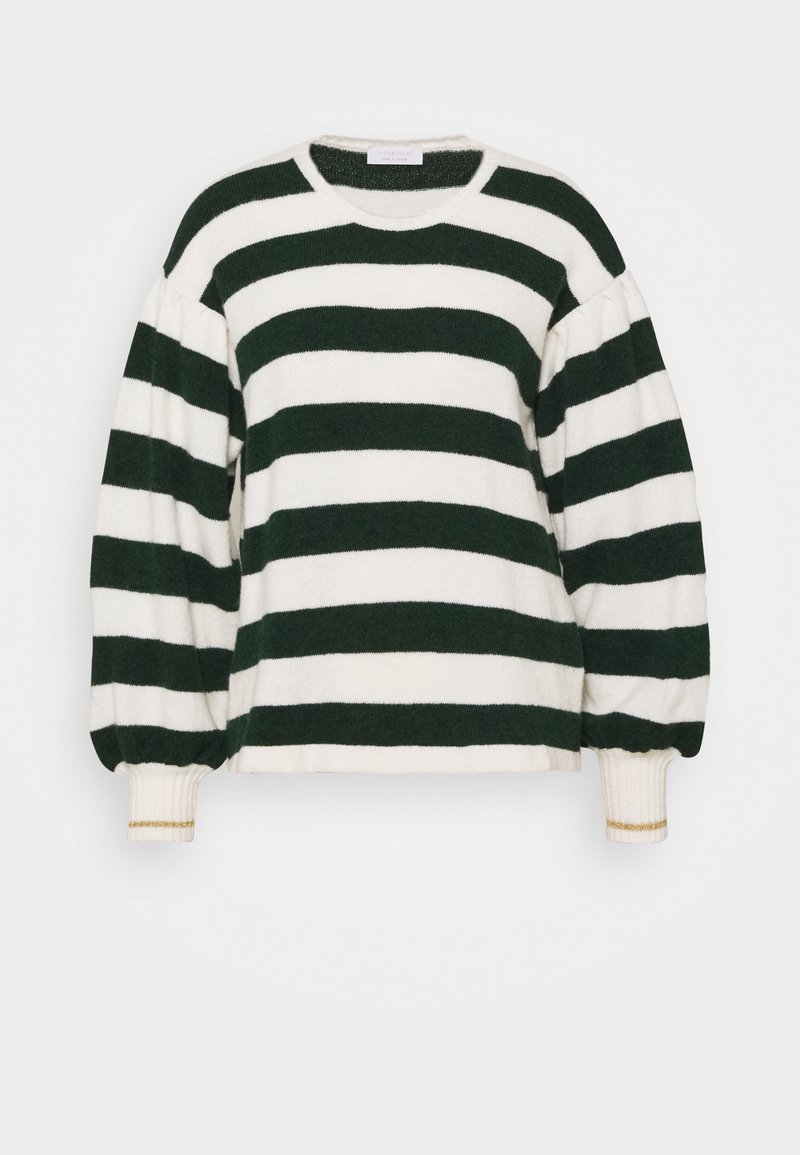 Pull en maille à manches longues avec de larges rayures horizontales vert foncé et blanches, encolure ronde et poignets côtelés ornés d'un bord doré.