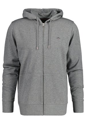 Gray zip-up hoodie in a soft, textured fabric. Features a hood, front pockets, and a small logo on the chest. Ribbed cuffs and hem.