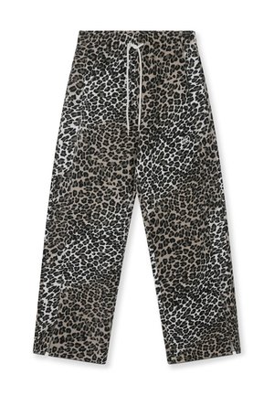 Broek met luipaardprint in tinten beige en zwart, voorzien van een elastische tailleband met trekkoord en zijzakken.