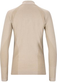 Beige Langarmhemd mit gerippten und strukturierten Einsätzen an den Seiten und Ärmeln; verfügt über einen kleinen Kragen und eine taillierte Silhouette.