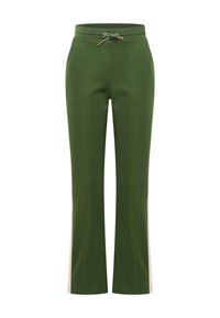 Green sweatpants with a drawstring waistband, flared leg design, contrasting light-colored side panels, and visible stitching details.