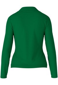 Grüner Pullover mit langen Ärmeln und rundem Kragen, aus strukturiertem Stoff und in taillierter Passform. Keine sichtbaren Verschlüsse oder Muster.