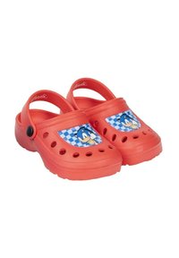 Red clogs with a patterned blue and white patch featuring a cartoon character, made of lightweight material with ventilation holes and a back strap.