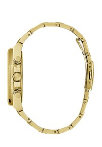 Gold-tone watch with a rectangular face, three buttons on the side, and a flexible link bracelet. Smooth texture with polished finish.