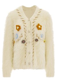 Ecrufarbenes Strickjacke mit flauschiger Textur, die bunte, gestrickte Blumenverzierungen und dekorative Knöpfe auf der Vorderseite aufweist.