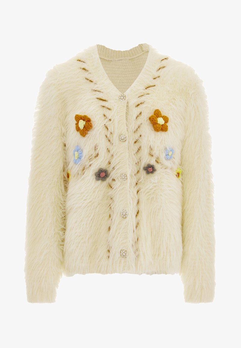 Cream-colored cardigan with a fluffy texture, featuring colorful knitted floral embellishments and decorative buttons down the front.