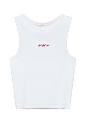 Weißes ärmelloses bauchfreies Tanktop mit drei kleinen roten Sternen, die in einer horizontalen Reihe in der Mitte vorne gestickt sind.