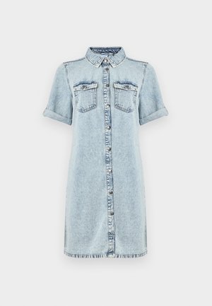 Light blue denim shirt dress with short rolled sleeves, button-down front, and two chest pockets; features a frayed hem at the bottom.
