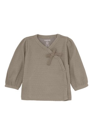 Babyshirt met lange mouwen in taupekleurige ribstof, met zijdrukknopen en een decoratieve strik op de borst, maat 56 voor 1-2 maanden.