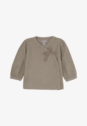Langærmet taupefarvet ribstrikket babytrøje med sideknapper og en dekorativ sløjfe på brystet, størrelse 56 til 1-2 måneder.