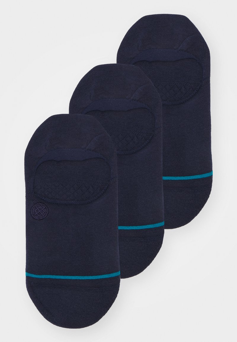 Navy blue ankle socks with a textured top band and turquoise stripes. Soft knit fabric, low cut design, and circular logo on one sock.