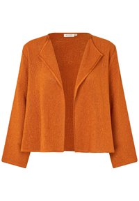 Orange stickad kavaj med notched lapel, öppen front och långa ärmar. Texturerat tyg med en lös passform, inga knäppningar eller utsmyckningar.