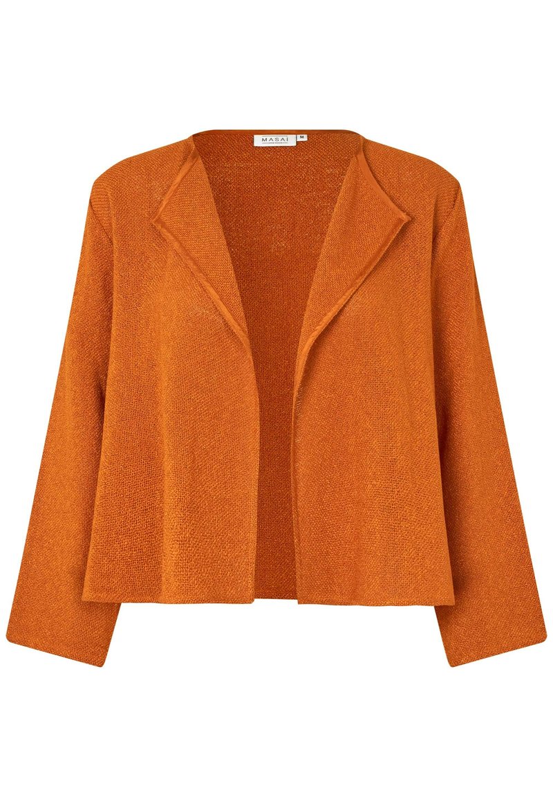 Orange stickad kavaj med notched lapel, öppen front och långa ärmar. Texturerat tyg med en lös passform, inga knäppningar eller utsmyckningar.
