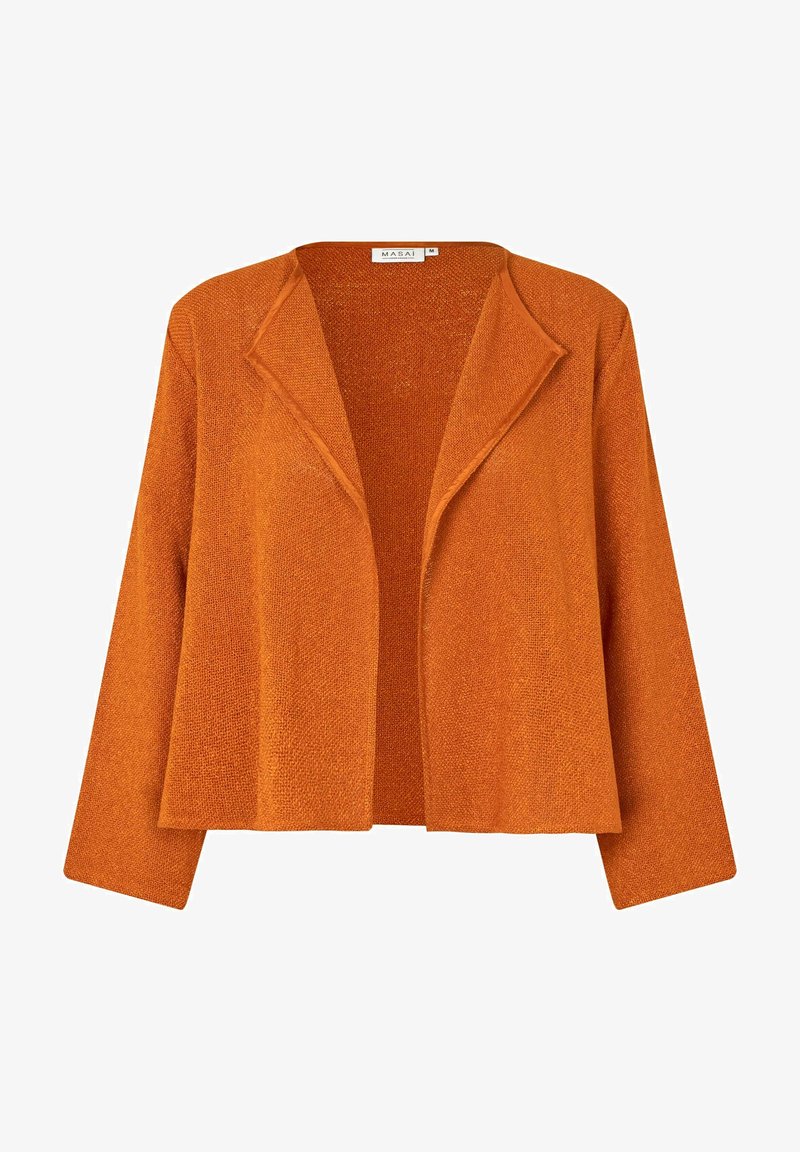 Orange stickad kavaj med notched lapel, öppen front och långa ärmar. Texturerat tyg med en lös passform, inga knäppningar eller utsmyckningar.