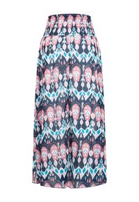 Pantalon ample à taille smockée avec un motif abstrait coloré en rose, bleu, blanc et tons marine.