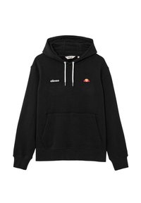 Sudadera con capucha negra con bolsillo frontal, que presenta un logo bordado y un gráfico colorido en el lado izquierdo del pecho. Capucha con cordón y detalles en tonos claros.