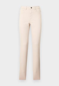 Τζιν σε μπεζ απόχρωση με ίσια γραμμή, σχέδιο με πέντε τσέπες και κλείσιμο με κουμπί στο μπροστινό μέρος. Το ύφασμα έχει ομαλή υφή και ελαφριά ελαστικότητα.