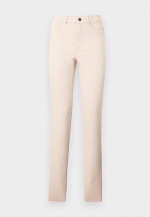 Beige denimjeans med lige snit, fem-lomme-design og lukkes foran med knap. Stoffet har en glat tekstur og let stretch.