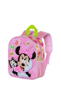 Sac à dos rose avec des graphiques de dessins animés, mettant en vedette Minnie Mouse et un chat. Fabriqué en matériau durable, il possède un devant à motifs et des poches latérales en mesh.