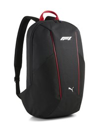 Sorte rygsæk lavet af slidstærkt stof med røde detaljer, der har en tekstureret overflade, F1-logo og PUMA-logo. Glat lynlåslukning og polstrede remme.