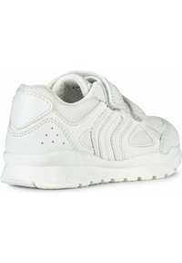 Zapatilla blanca con parte superior de malla y cuero sintético, correa de velcro, cuello acolchado, detalles texturizados y suela de goma.