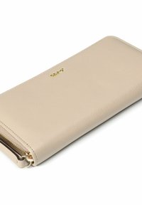 Beige leather wallet with a textured finish, featuring a gold hardware zipper and a small embossed logo on the front.