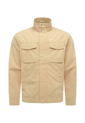 Beige herrelett jakke med høy krage, to brystlommer med klaff, sidelommer og trykknapper foran.