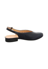 Marineblaue Slingback-Schuhe mit einem niedrigen Absatz, glattem Ledertextur, abgerundeter Zehenform und einem Ausschnitt-Design an der Seite für Atmungsaktivität.