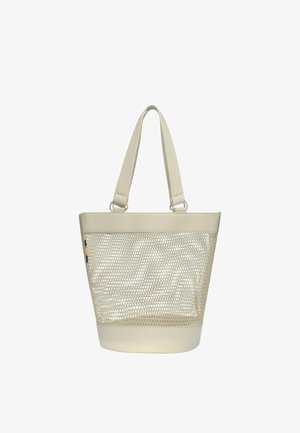 Kremfarvet håndtaske med solid bund og topbånd, med et bredt netmidterstykke og dobbelte skulderstropper.