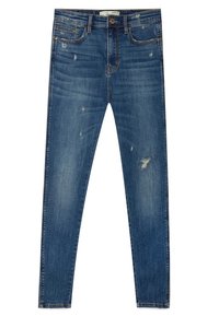 Jean skinny bleu avec un léger effet vieilli, style cinq poches, fermeture à boutons et zip, et détails de décoloration.