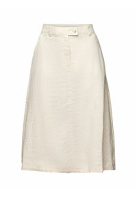 Jupe beige longueur genou avec ceinture, fermeture à boutons, passants pour ceinture et couture centrale devant.