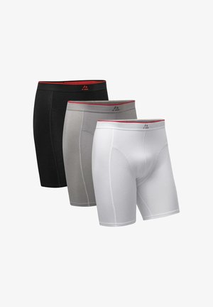 Drei Paar Boxer-Shorts in Schwarz, Grau und Weiß. Sie verfügen über ein eng anliegendes Design, weichen Stoff und einen kontrastierenden roten Bund mit Logo.