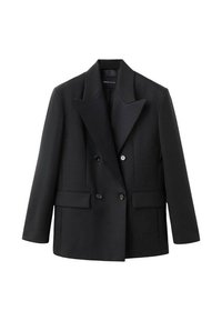 Blazer negro de doble botonadura con solapa muesca, dos bolsillos frontales, diseño estructurado y textura de tela lisa.