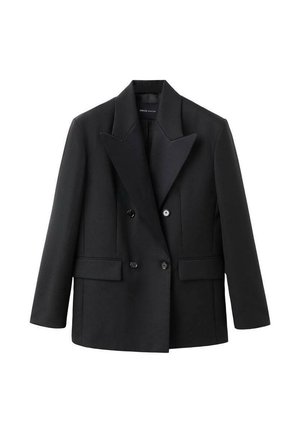 Blazer negro de doble botonadura con solapa muesca, dos bolsillos frontales, diseño estructurado y textura de tela lisa.