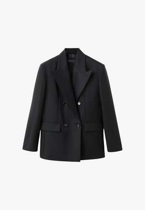 Blazer negro de doble botonadura con solapa muesca, dos bolsillos frontales, diseño estructurado y textura de tela lisa.