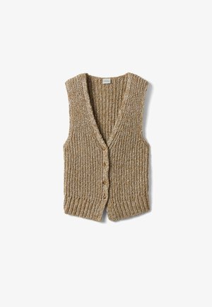 Grober beige-weißer gestrickter ärmelloser Pullover mit V-Ausschnitt und fünf Knöpfen vorne.