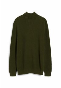 Pull en maille vert foncé avec un col haut en entonnoir, une surface texturée, des manches longues et des poignets et un ourlet côtelés.