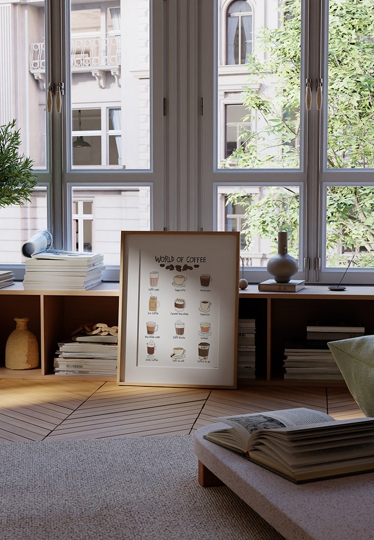 Eingefasster Chart mit dem Titel "Welt des Kaffees", der verschiedene Kaffeesorten mit Illustrationen zeigt, steht in einem hellen Raum neben einer Topfpflanze.