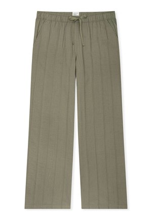 Olivově zelené široké kalhoty s texturou, elastickým pasem, nastavitelným šňůrkovým stahováním a bočními kapsami.