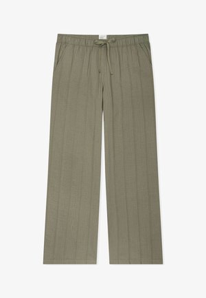 Olivengrønne, strukturerede bukser med vidde, elastisk taljebånd, justerbar snøre og sidelommer.