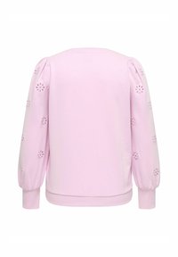 Roza jopa z napihnjenimi dolgimi rokavi z detajli cvetličnih izrezkov. Rebrasti manšeti in spodnji rob. Gladek teksturiran bombažni material.