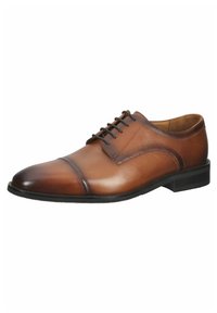 Chaussure habillée en cuir marron avec une texture lisse, un bout arrondi, un design à lacets et un motif de couture subtil le long des côtés. Semelle plate en caoutchouc.