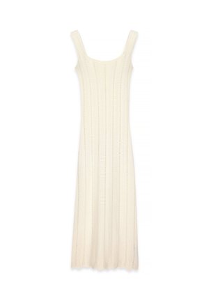 Knit maxi dress in cream with a fitted silhouette, featuring wide shoulder straps and a ribbed texture. Smooth, floor-length design.