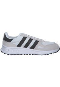 Running shoes in grey suede and white mesh with black stripes, featuring a cushioned white sole and textured rubber outsole.