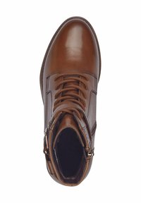 Bottines en cuir marron avec bout rond, devant à lacets et fermeture éclair sur le côté. Texture lisse et détails de couture minimalistes.